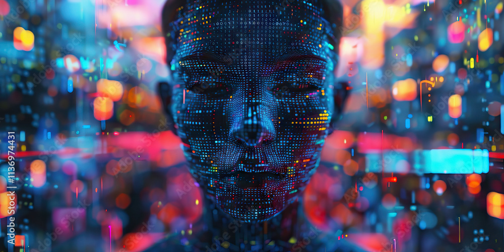 Poster digital face composed of data streams and illuminated background