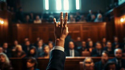 Hand raised in a crowded hall, asking a question or voting.