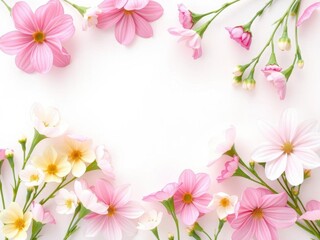 Naklejka premium Beautiful spring flowers in pastel colors blooming against a white paper background, bright, vibrant