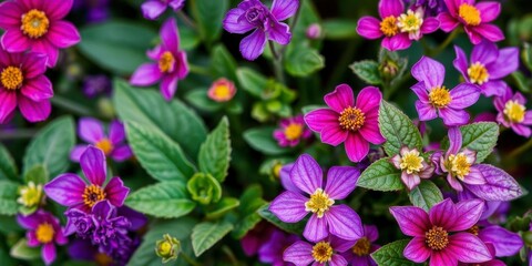 Close up of vibrant purple flower petals and leaves, garden, macro, detail