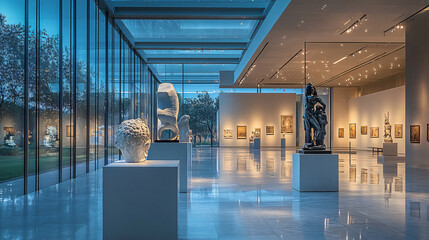 A grand modern museum with sleek glass walls, showcasing sculptures in an open gallery space under soft, ambient lighting.