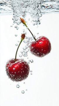 Two fresh cherries submerged in water, splashing with bubbles. Refreshing, juicy fruit