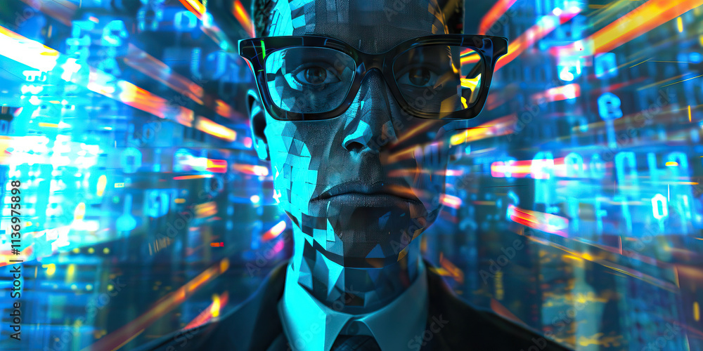 Poster stylized portrait of a man with geometric face and digital data background