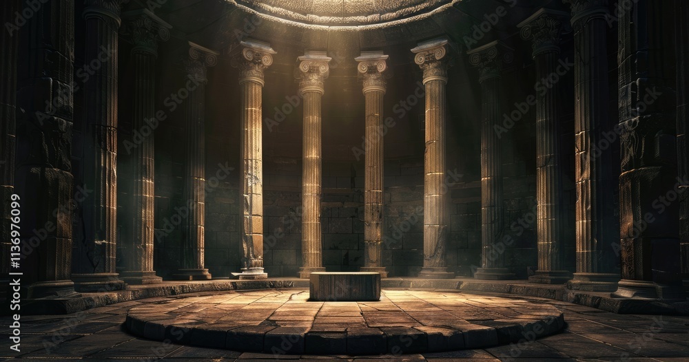 Poster a dimly lit ancient temple with towering columns and a central stone altar.