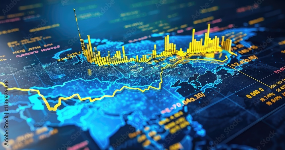 Poster digital representation of data analytics over a map, showcasing trends and statistics.