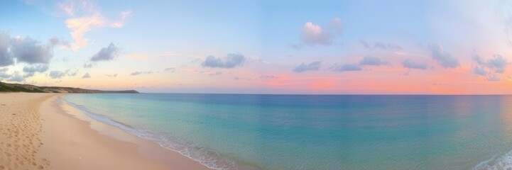 Fototapeta premium Panoramic view of a stunning beach landscape with golden sand, crystal clear water, dramatic cliffs, and colorful sunset, relaxation, picturesque