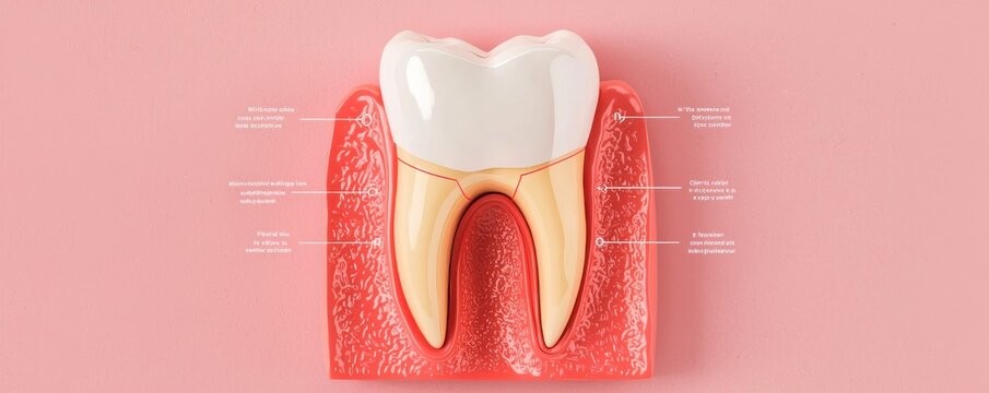 Dental health preventive concept. Dental anatomy model tooth structure educational infographic clinical environment close-up view health awareness