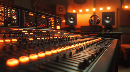 Modern mixing console and professional music equipment in recording studio, warm interior background. Concept of sound, audio, mixer