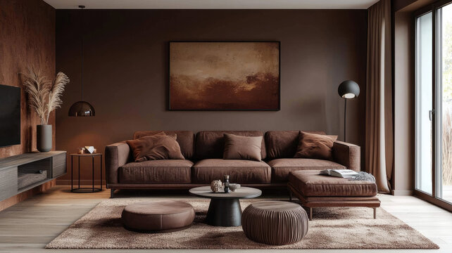 Luxury living room interior in dark brown colors, modern hall with abstract wall painting and minimalist design, concept of cozy home, sofa, art