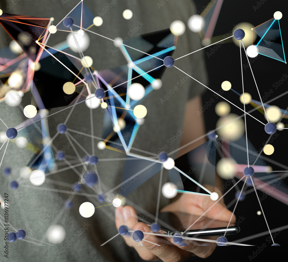 Poster Global network. Blockchain. 3D illustration. Neural networks and artificial intelligence. Abstract