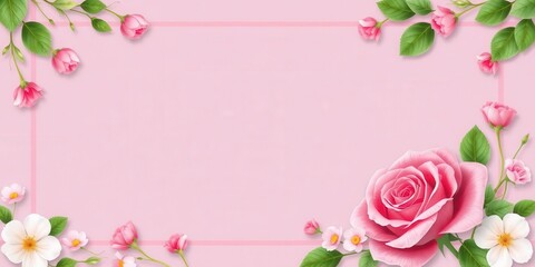 Rose flower with green leaves forming a beautiful frame, greeting card, leaves