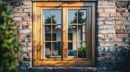 Obraz premium Wooden window in brick wall, sunlight.