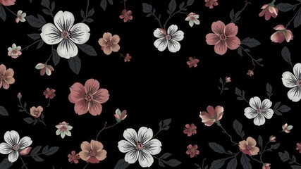 Seamless charcoal small floral elements wallpaper with delicate black flowers and leaves on a dark background, dark, wallpaper
