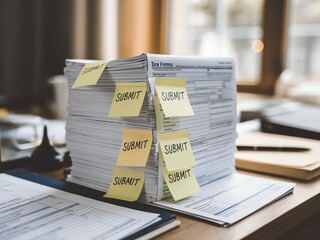 Stack of documents with sticky notes labeled 'Submit' on a desk.