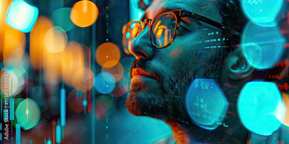 Poster man's profile with overlaid bokeh and data glyphs
