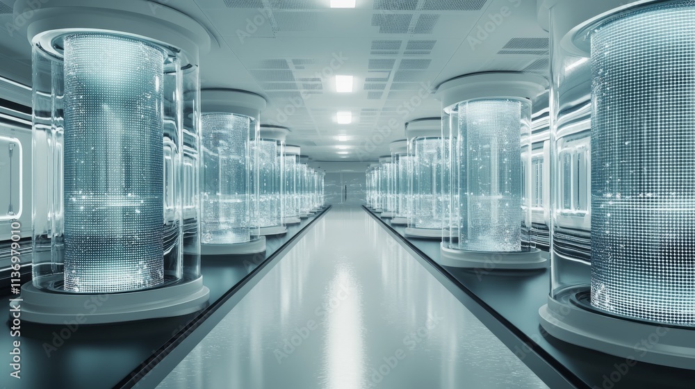 Poster a corridor lined with transparent cylindrical chambers glowing with blue light. the setting represen