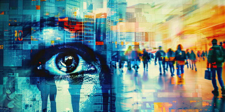 Digital Collage: Eye, Cityscape, and Crowd