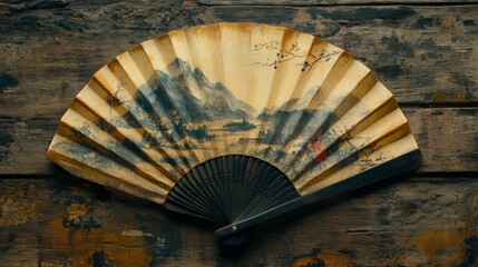 Antique Hand Fan With Asian Landscape Painting