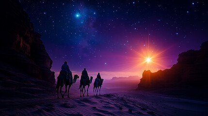Naklejka premium the Three Kings traveling on camels across a vast desert under a starry night sky, a bright guiding star illuminating their path, emphasizing the journey and celestial atmosphere. Día de los Reyes