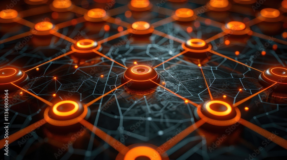 Poster a digital network grid with glowing nodes and connections, symbolizing technology and connectivity.