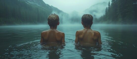 Sporty Boy Exiting Foggy Lake After Swim with Friend on a Cloudy Day. Cinematic. Lifestyle