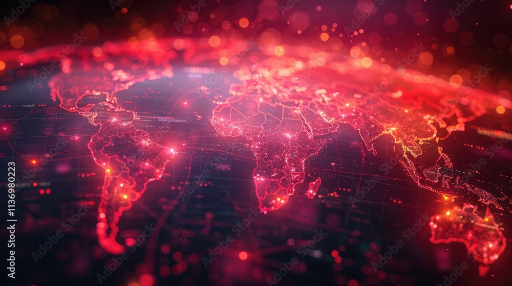 Poster a digital rendering of a glowing world map with interconnected data points.