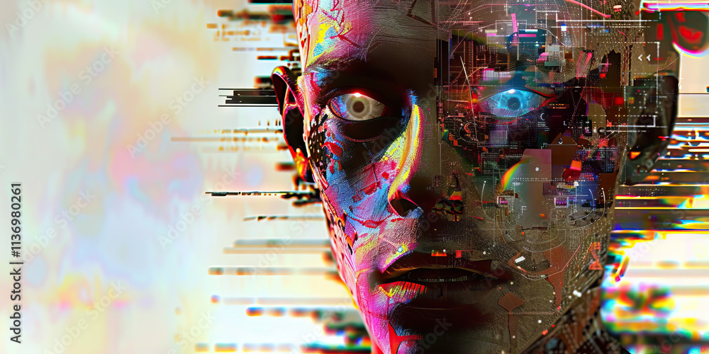Poster digital overlay on humanoid face with data streams