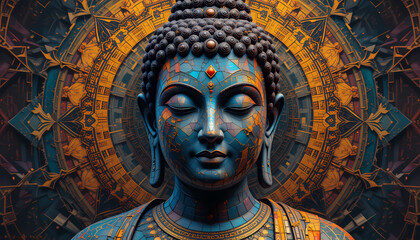 Obraz premium Sacred Geometry: The Enlightened Buddha, patterns, vibrant colors, divine qualities, traditional Hindu symbolism, contemporary styles, geometric abstraction, modern digital art,