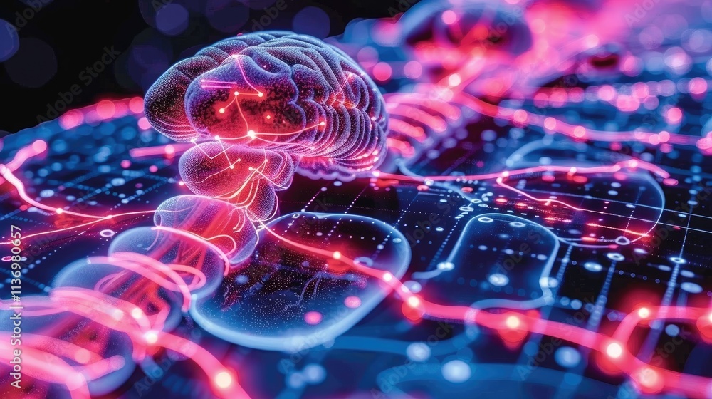 Poster a digital representation of a brain with neural connections and glowing elements.