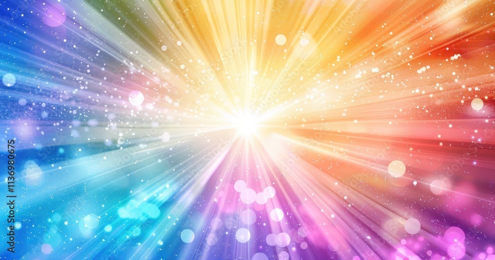 Poster a vibrant burst of colorful rays and sparkles radiating from a central point.
