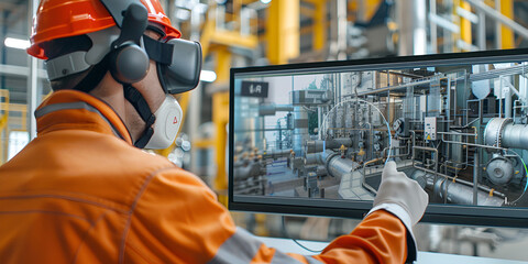  Worker in VR headset monitoring factory systems, Industrial technician using virtual reality in factory operations