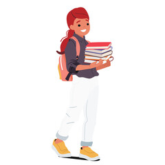 Smiling cheerful elementary age schoolgirl cartoon character carrying book stack going to study