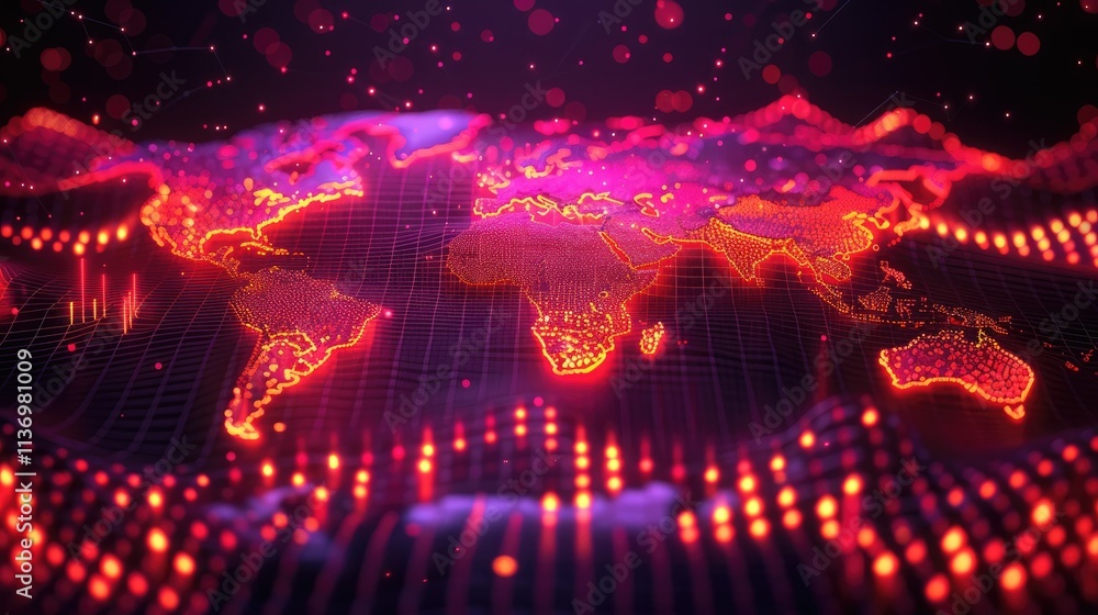 Poster A digital representation of a world map with glowing elements and a data visualization aesthetic.