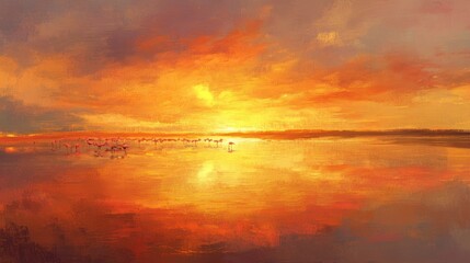 Fototapeta premium Flamingos at sunset reflected in calm water. (1)