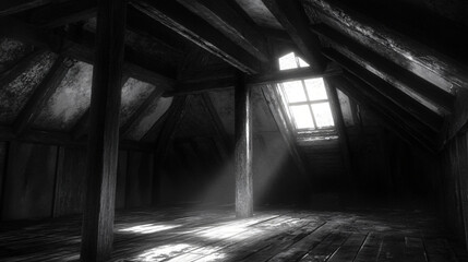 A haunted attic in a long-abandoned farmhouse, where the old wooden beams creak under the weight of unseen presences and the air is thick with dust.