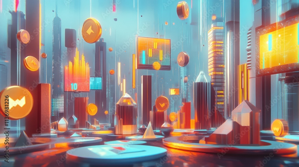 Poster futuristic cityscape with digital currency and data visualizations.
