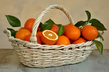 A rustic white wicker basket overflowing with fresh, juicy oranges and vibrant green leaves.  Perfect for healthy eating, farm-fresh themes, and citrus-related imagery.