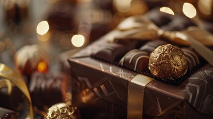 A close-up of a premium chocolate box wrapped in delicate paper, with a shiny gold ribbon and a festive atmosphere in the background.