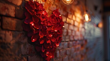 A close-up of a love-themed promotional poster with a heart shape made of rose petals and a romantic event announcement, hanging on a brick wall with warm, ambient lighting.