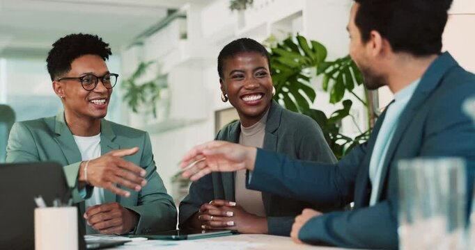 Happy, business people and meeting with handshake for hiring, interview or agreement together at office. Businessman, employees or colleagues shaking hands with smile for b2b, deal or recruiting