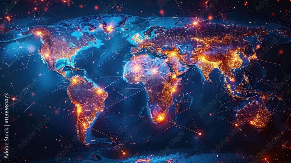 Poster a digital representation of the earth illuminated with network connections and data points.