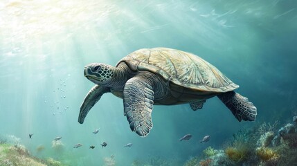 Obraz premium Sea turtle swimming in sunlit ocean.