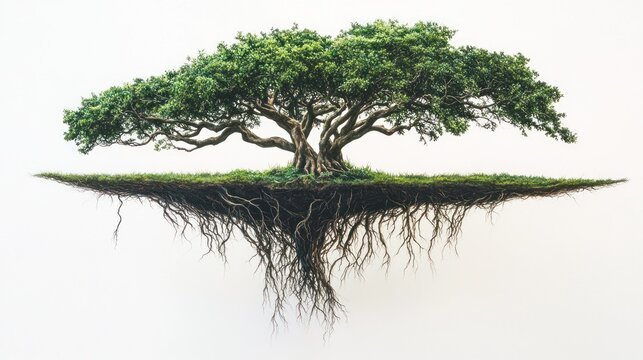 Lush green tree with exposed roots on floating island.