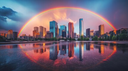 Fototapeta premium Vibrant rainbow arching over a modern city skyline reflected in calm water.