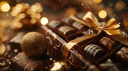 A close-up of a premium chocolate box wrapped in delicate paper, with a shiny gold ribbon and a festive atmosphere in the background.