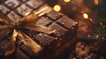 A close-up of a premium chocolate box wrapped in delicate paper, with a shiny gold ribbon and a festive atmosphere in the background.