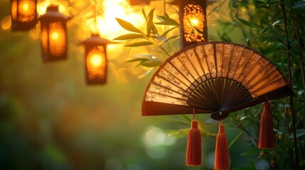 Asian hand fan hanging amongst illuminated lanterns