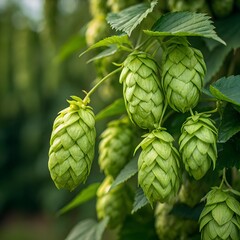 Fototapeta premium Close-up of fresh green hop cones. Perfect for beer, brewing, and agriculture themes.