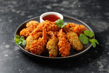 Butterfly king prawn with sweet chili sauce.
