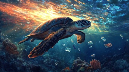 Obraz premium Sea turtle swimming in polluted ocean.